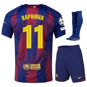 Set di maglia bambini in casa UCL del Barcellona RAPHINHA 2025/26 - Rosso/Blu