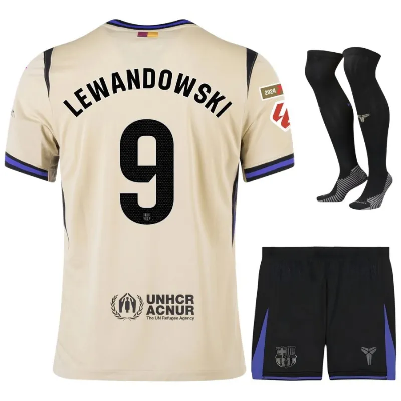 Barcelona LEWANDOWSKI 2025/26 Kids Away Kit Jersey - Beige