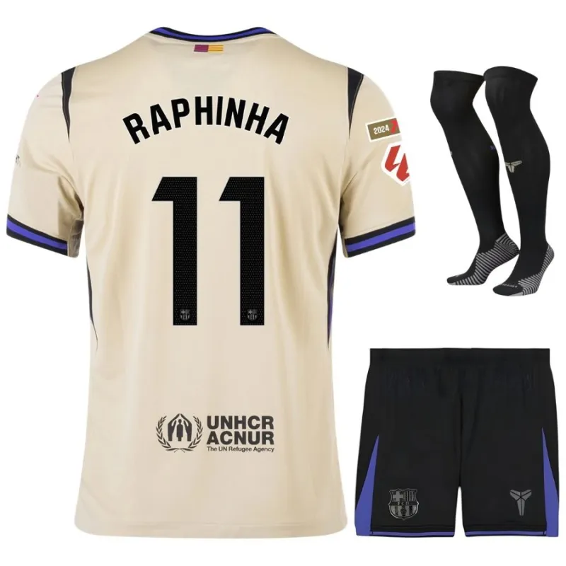 Barcelona RAPHINHA 2025/26 Kids Away Kit Jersey - Beige