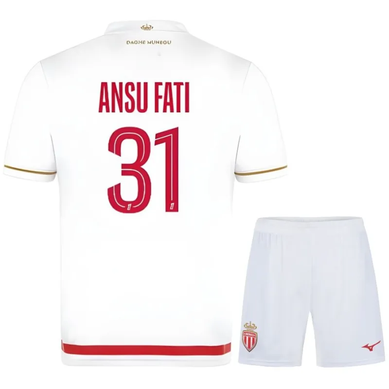 Camiseta local infantil + pantalones cortos de Ansu Fati en el AS Monaco 2025/26 - Blanco/Rojo