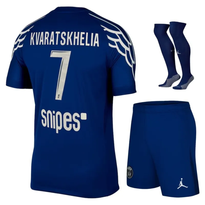 Jeu de quatrième kit 2024/25 pour enfants de Paris Saint - Germain du joueur Khvicha Kvaratskhelia - Bleu