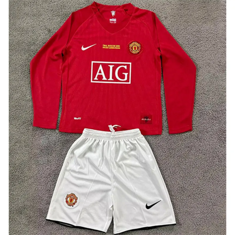 Manchester United Kids' Long Sleeve Retro Jersey + Shorts 2007/08 Home - Red