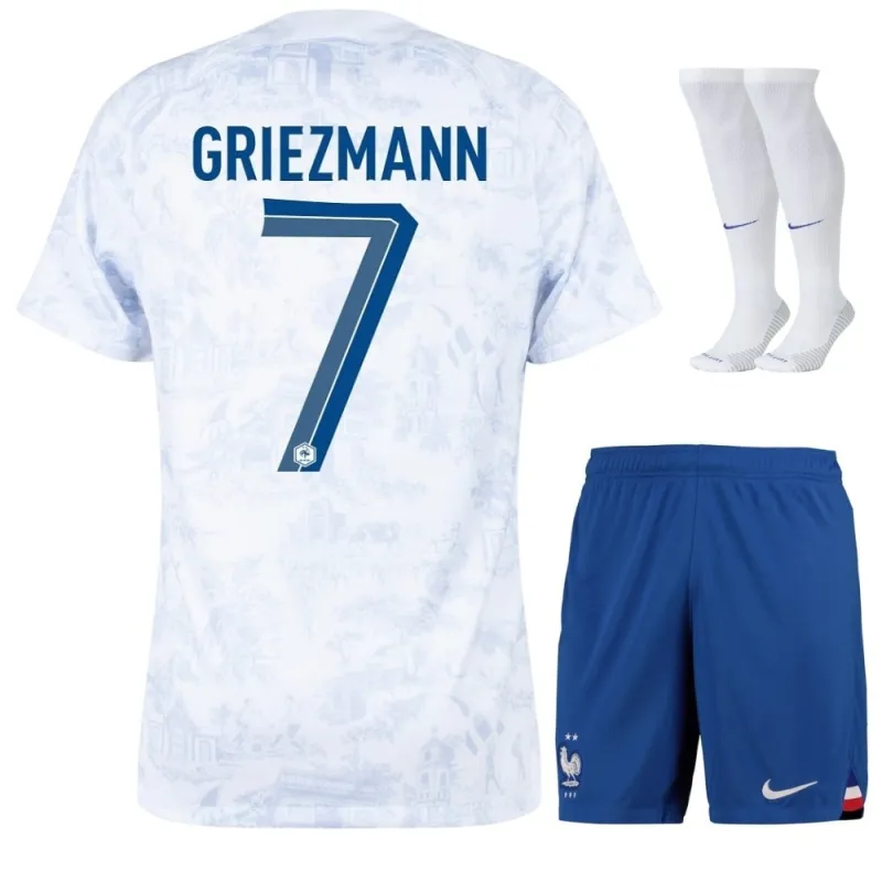 Il set di maglia per bambini della squadra nazionale francese di Antoine Griezmann per la Coppa del mondo 2022 in trasferta - Bianca