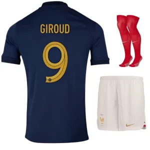 Le ensemble de maillot enfant de l'équipe nationale de France d'Olivier Giroud pour la Coupe du monde 2022 à domicile - Bleu