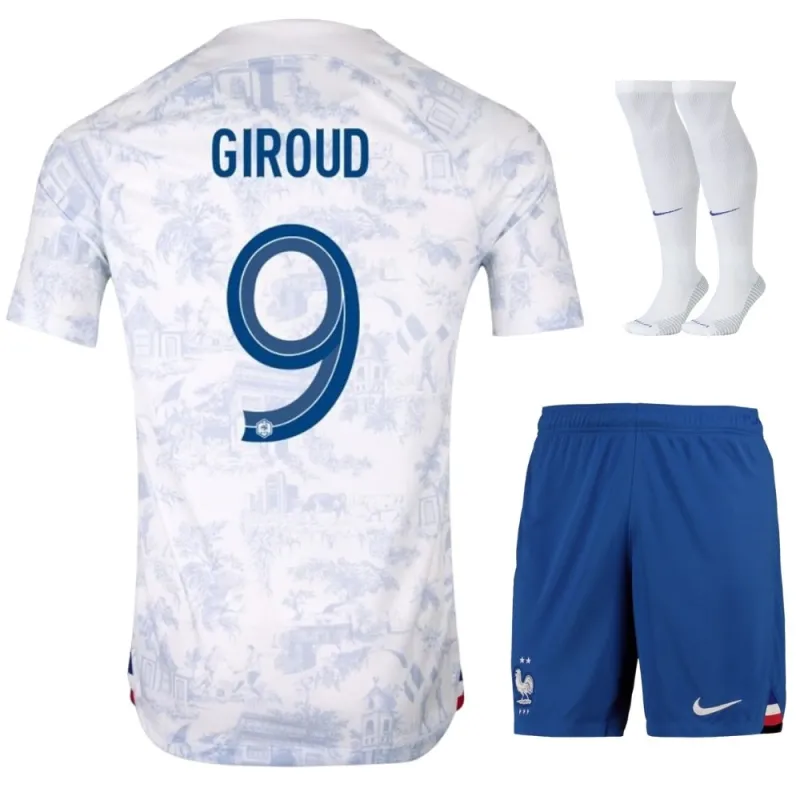 Le ensemble de maillot enfant d'extérieur de l'équipe nationale de France d'Olivier Giroud pour la Coupe du monde 2022 - Blanc