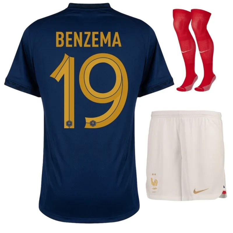 Il set di maglia infantile della squadra nazionale francese di Karim Benzema per la Coppa del mondo 2022 in casa - Blu