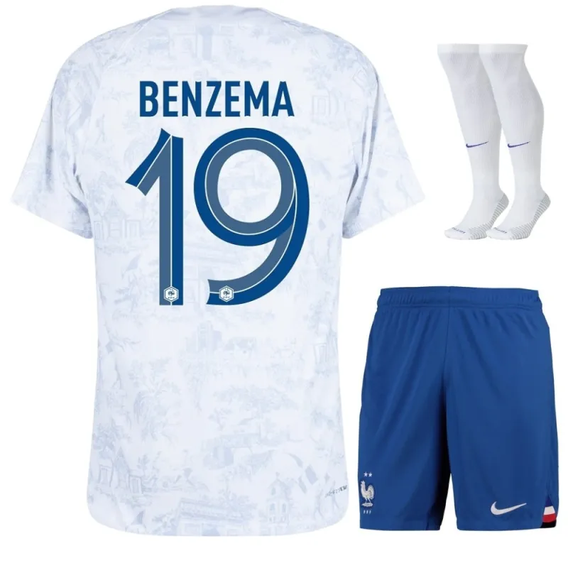 L'ensemble de maillots enfants d'extérieur de l'équipe nationale de France de Karim Benzema pour la Coupe du monde 2022 - Blanc
