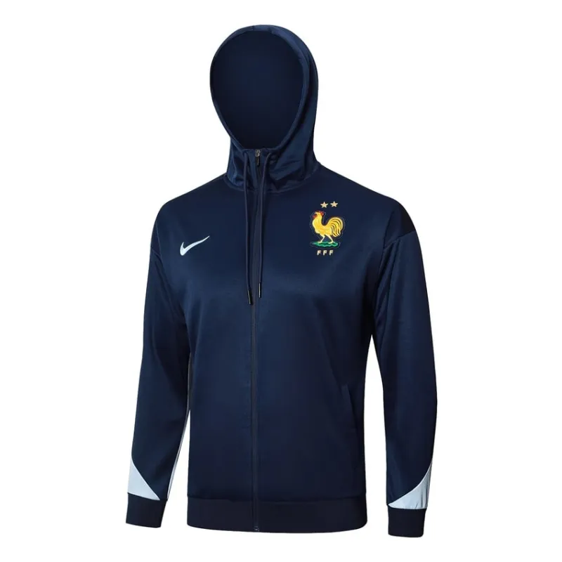 Le survêtement avec capuche et les pantalons de l'équipe de France pour la saison 2024/25 - bleu foncé.