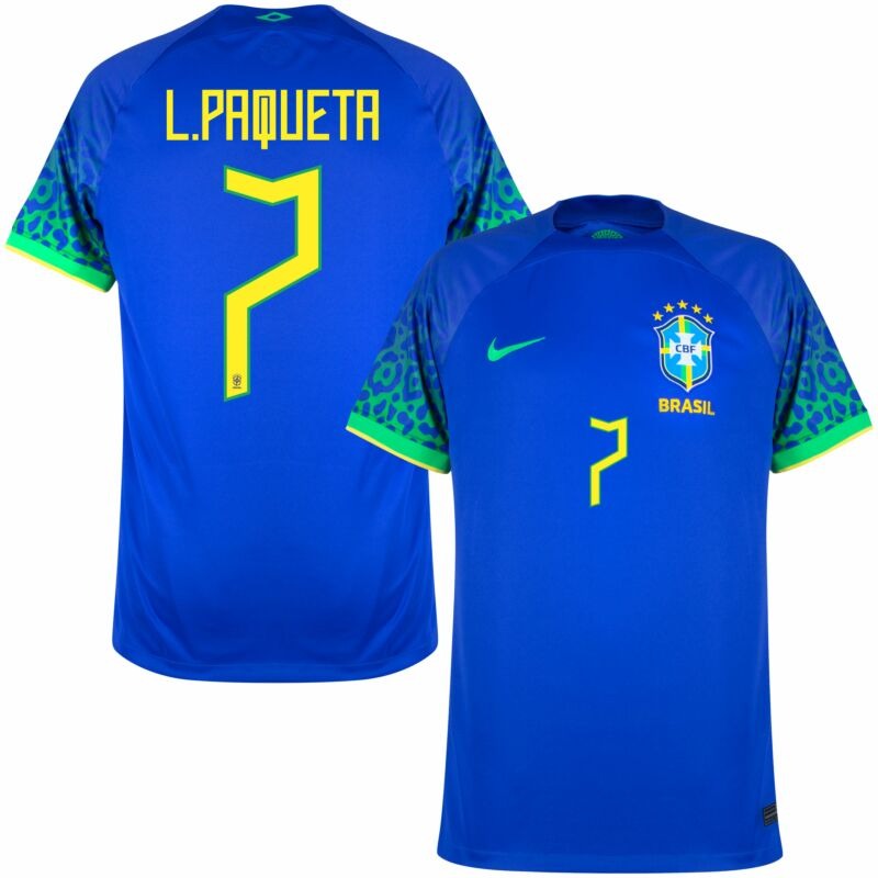L. Paqueta, Maillot de supporter du Brésil pour la Coupe du monde 2022 (Maillot extérieur, Bleu)