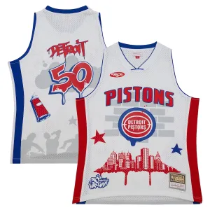 Detroit Pistons Maglia di moda Hardwood Classics di Mitchell & Ness x Tats Cru - Bianco
