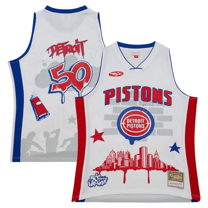 Detroit Pistons Camiseta de moda Hardwood Classics de Mitchell & Ness x Tats Cru - Blanco
