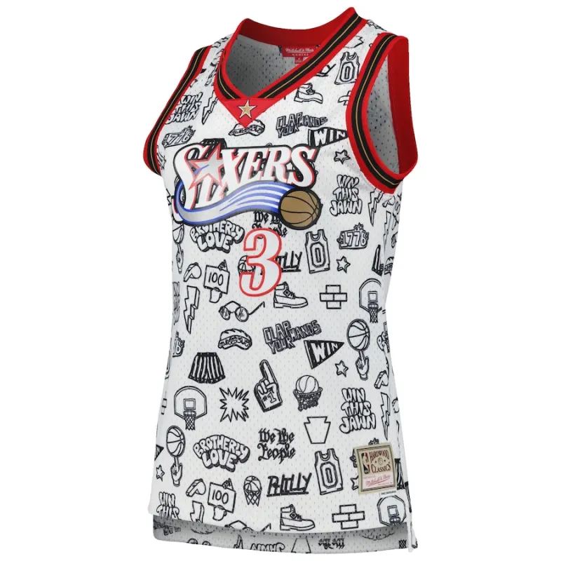 Allen Iverson Philadelphia 76ers Mitchell & Ness Maillot Swingman Doodle 2000 pour Femmes - Blanc