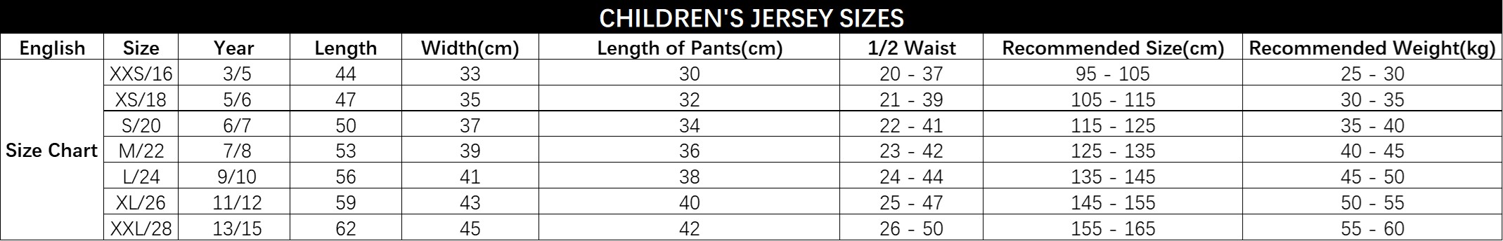 kids jersey size chart