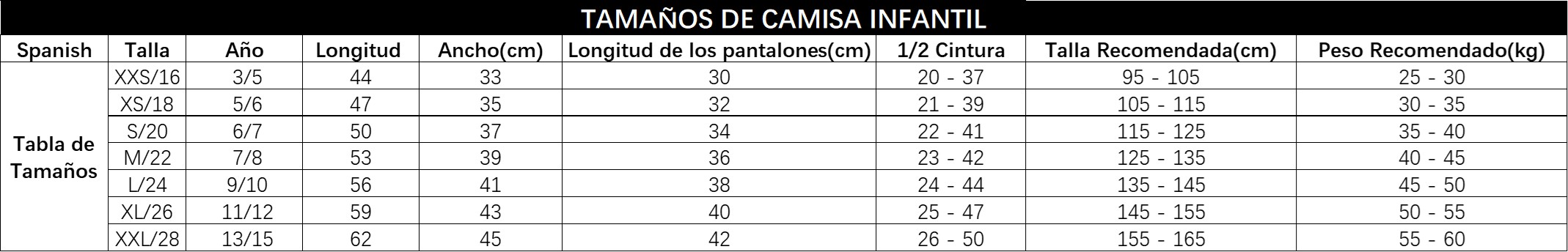 guía tallas camiseta niño