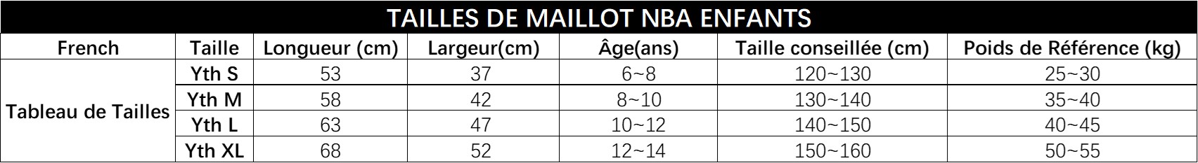 taille maillot NBA enfant
