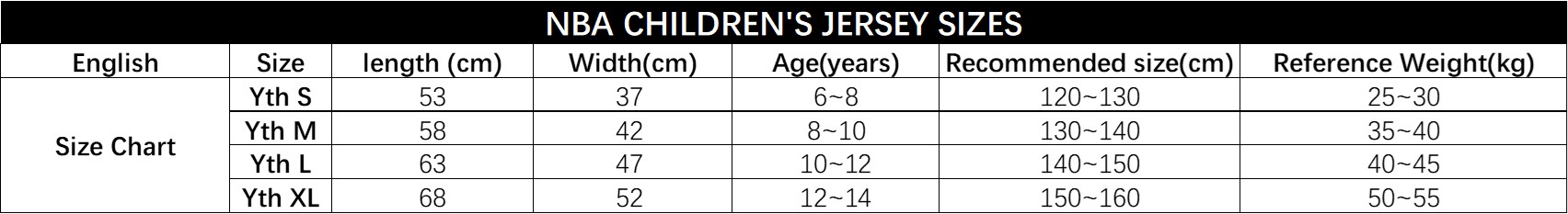 NBA youth size chart