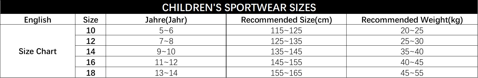 kids sportswear size chart