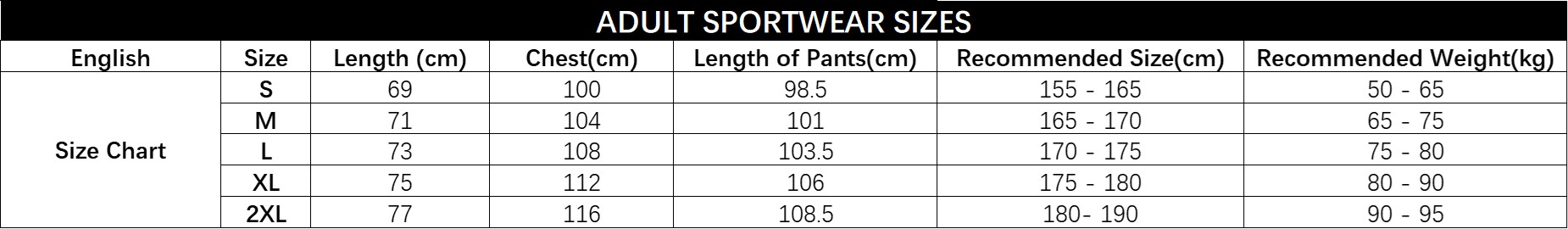 adult sportswear size chart