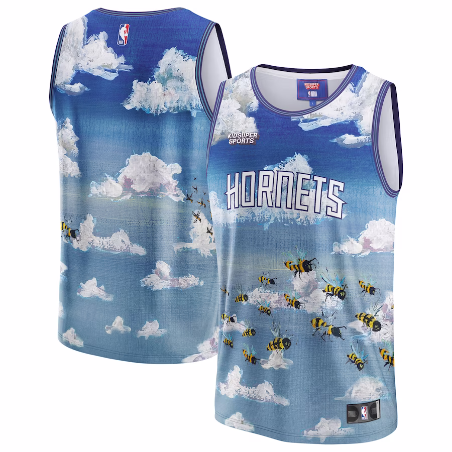Maglia della città natale unisex dei Charlotte Hornets della NBA e di KidSuper Studios - Blu