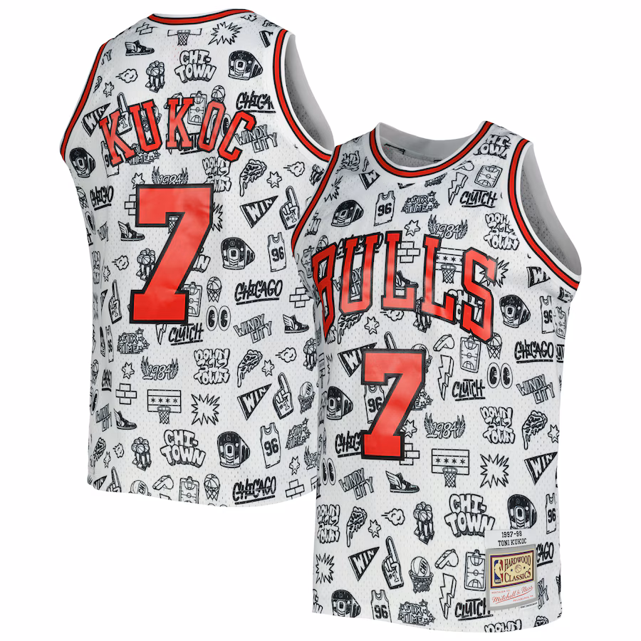 Toni Kukoč, Maglia Swingman Doodle Hardwood Classics 1997/98 dei Chicago Bulls Mitchell & Ness - Bianco