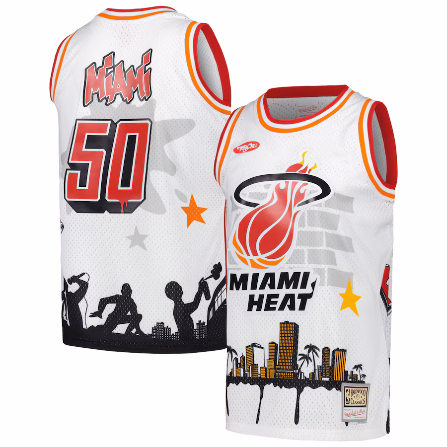 Maglia di moda degli Hardwood Classics Miami Heat Mitchell & Ness x Tats Cru - Bianco