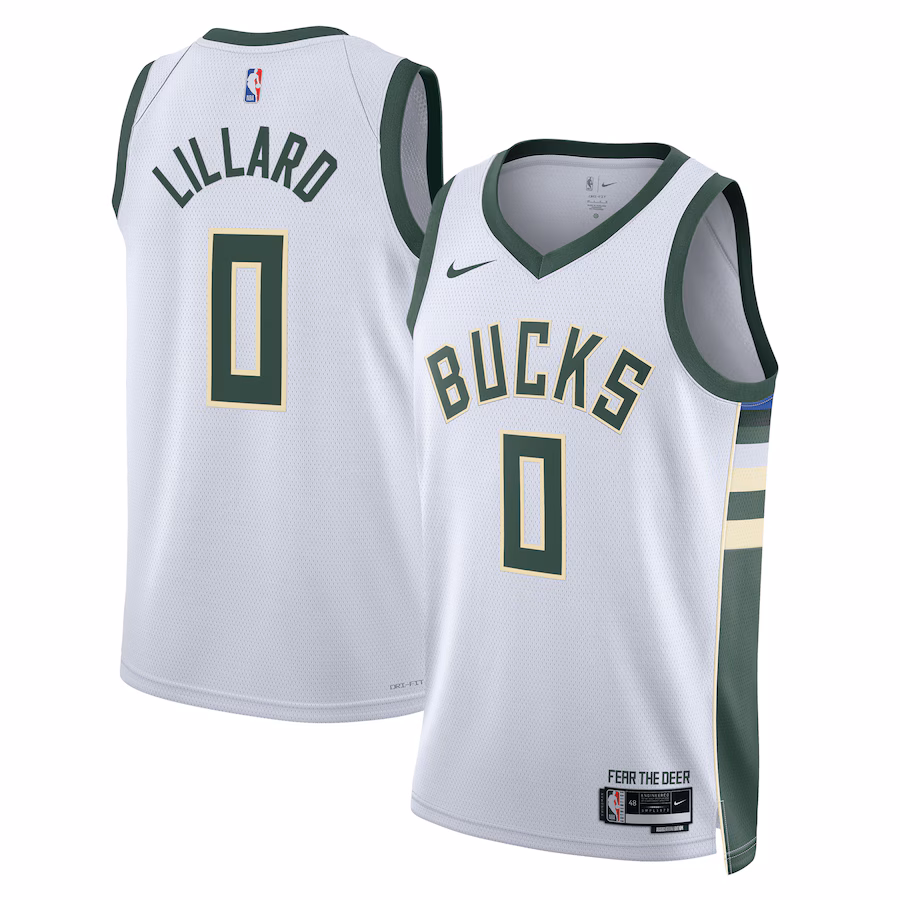 Damian Lillard, Camiseta de jugador Swingman Fear The Deer unisex de los Milwaukee Bucks - Edición Asociación - Blanco