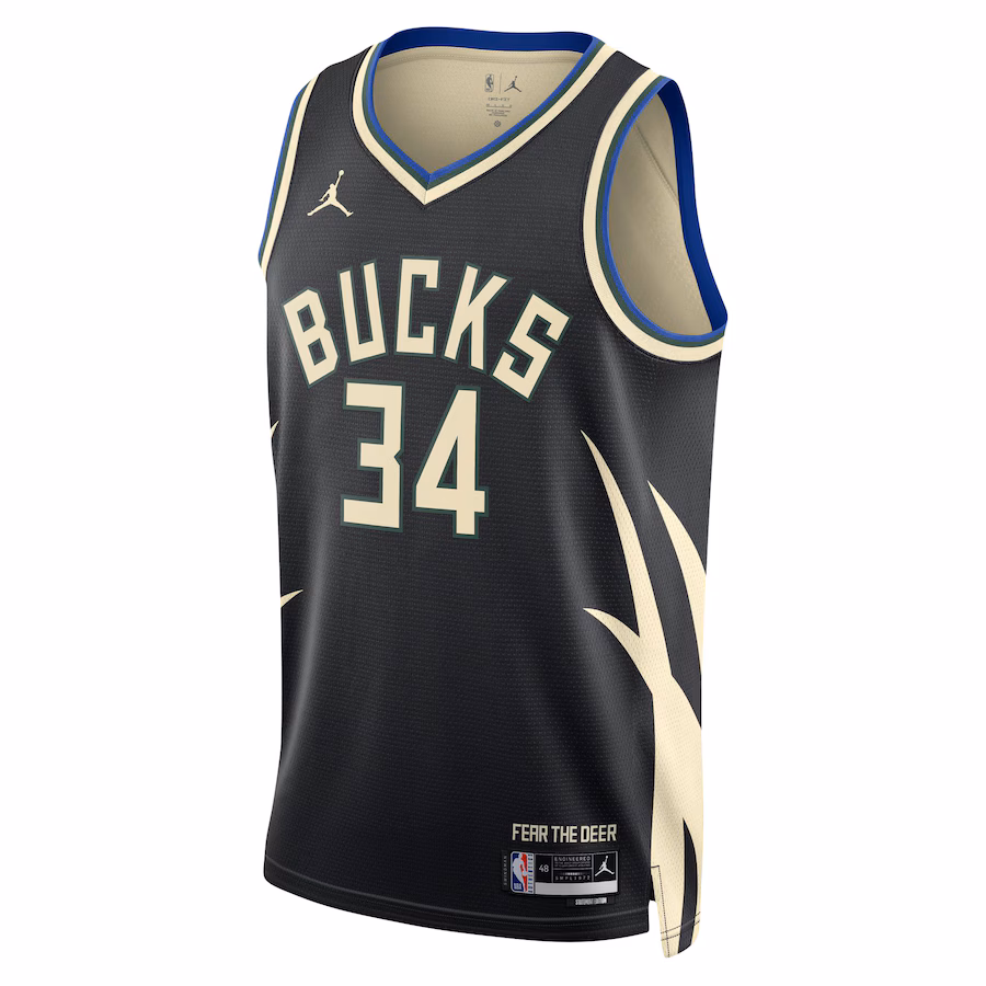 Giannis Antetokounmpo, Maglia Swingman per uomini e donne della marca Jordan dei Milwaukee Bucks - Edizione Dichiarazione - Nero