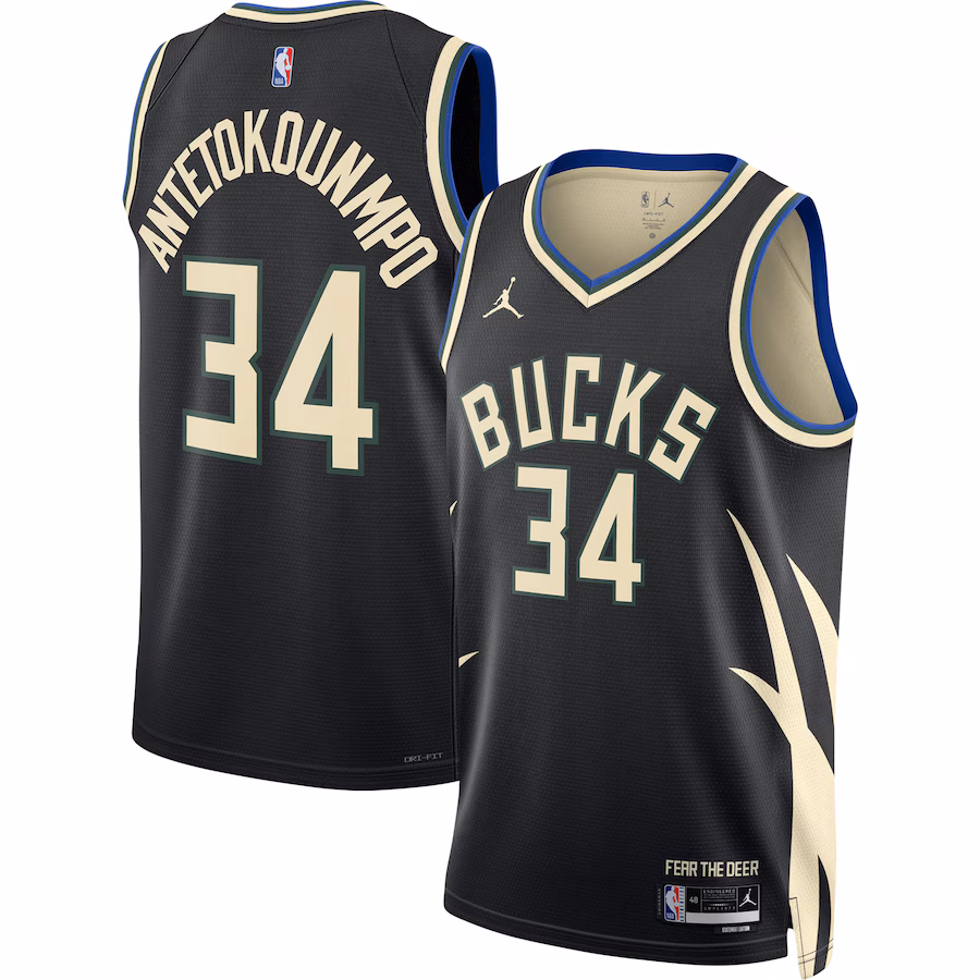 Giannis Antetokounmpo, Camiseta Swingman para hombres y mujeres de la marca Jordan de los Milwaukee Bucks - Edición Declaración - Negro