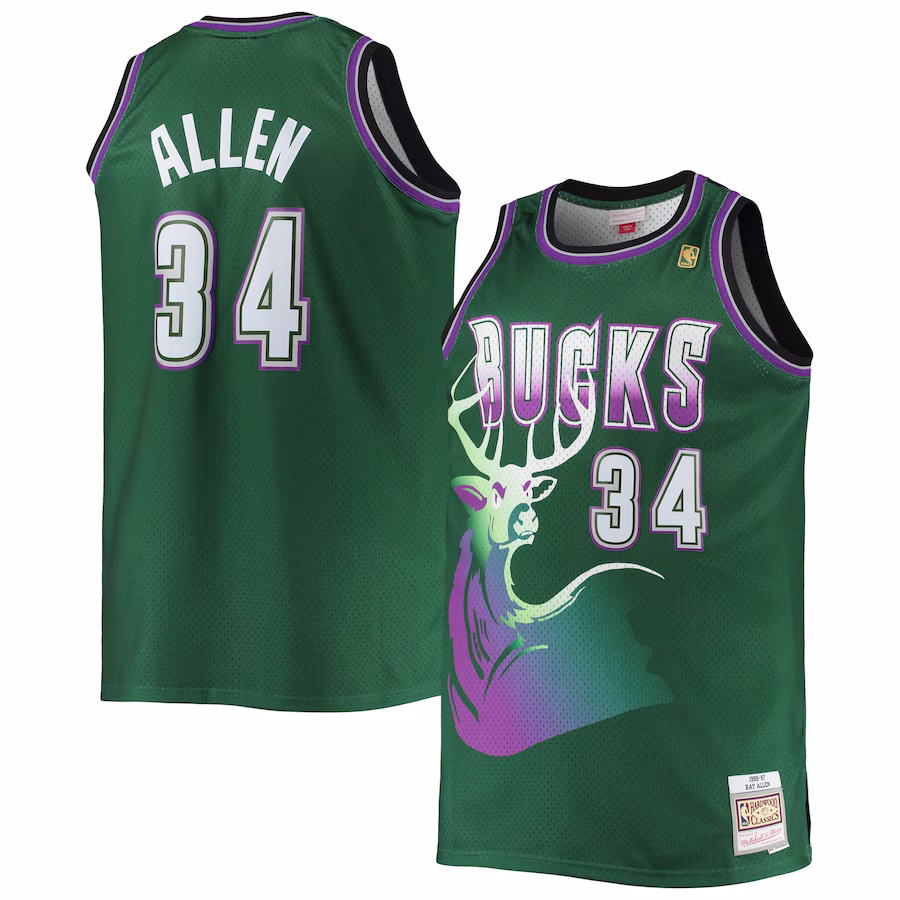 Ray Allen, Camiseta Swingman de los Hardwood Classics 1996/97 para personas altas y grandes de Mitchell & Ness de los Milwaukee Bucks - Verde cazador