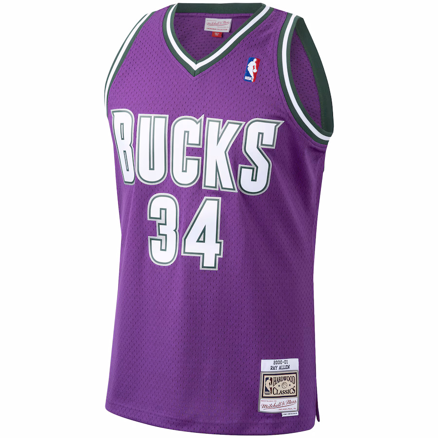 Ray Allen, Camiseta Swingman de los Hardwood Classics 2000/01 de Mitchell & Ness de los Milwaukee Bucks - Morado