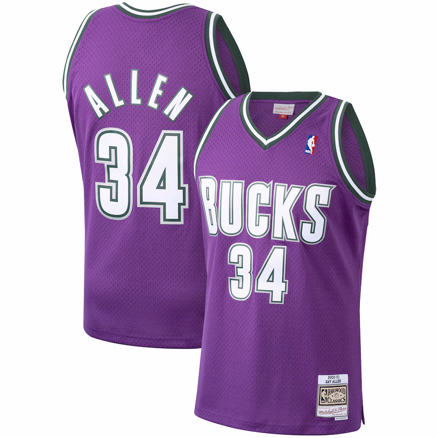Ray Allen, Camiseta Swingman de los Hardwood Classics 2000/01 de Mitchell & Ness de los Milwaukee Bucks - Morado