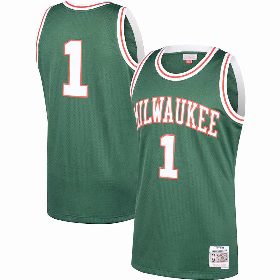 Oscar Robertson, Camiseta Swingman de los Hardwood Classics 1970/71 de Mitchell & Ness de los Milwaukee Bucks - Verde