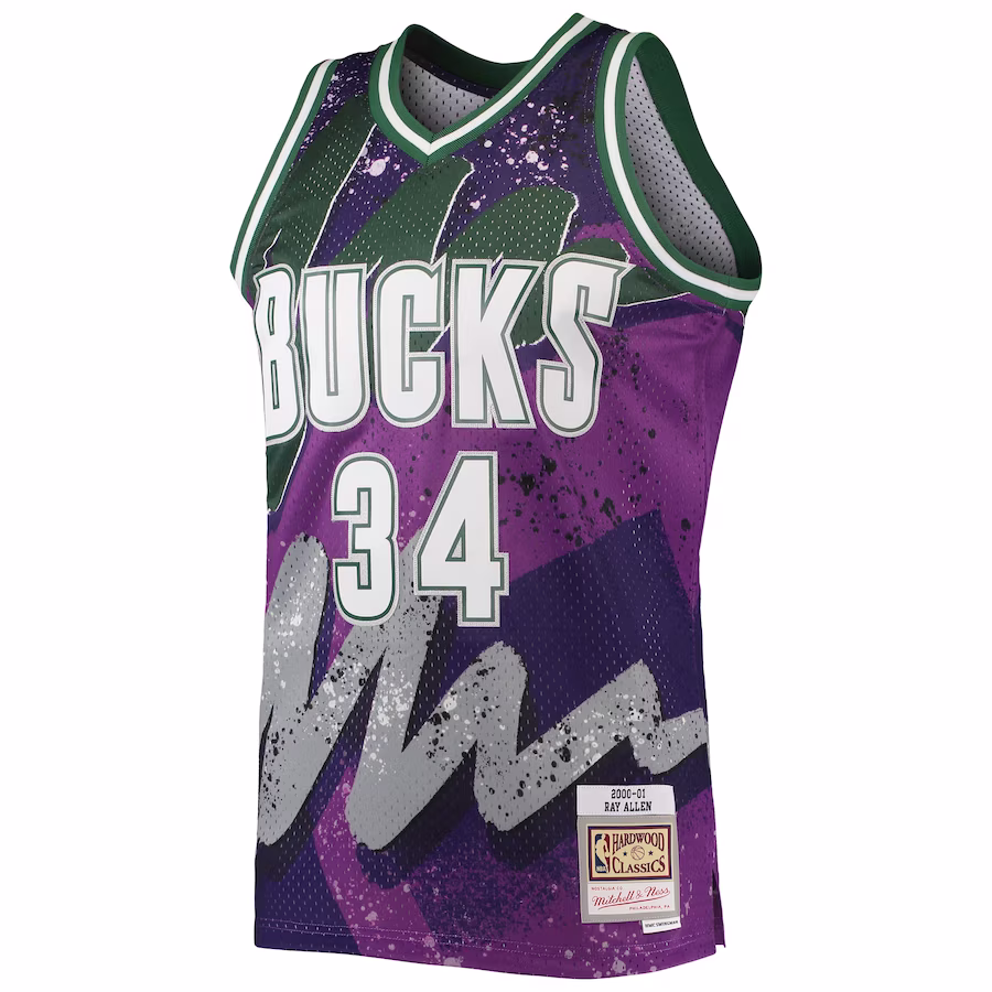 Ray Allen, Camiseta Swingman Hyper Hoops de los Hardwood Classics 2000/01 de Mitchell & Ness de los Milwaukee Bucks - Morado