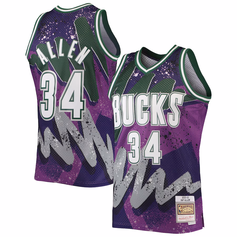 Ray Allen, Camiseta Swingman Hyper Hoops de los Hardwood Classics 2000/01 de Mitchell & Ness de los Milwaukee Bucks - Morado