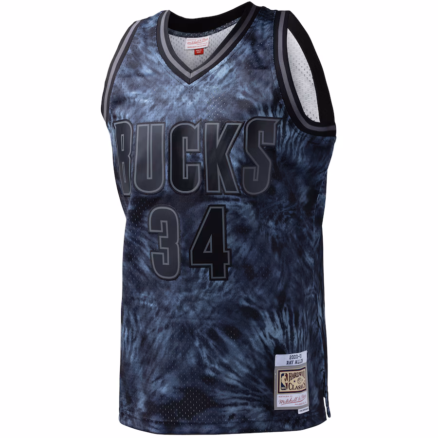 Ray Allen, Maglia Swingman Tie-Dye (Tintura a maniche in cerchietti) Hardwood Classics 1996/97 di Mitchell & Ness dei Milwaukee Bucks - Nero