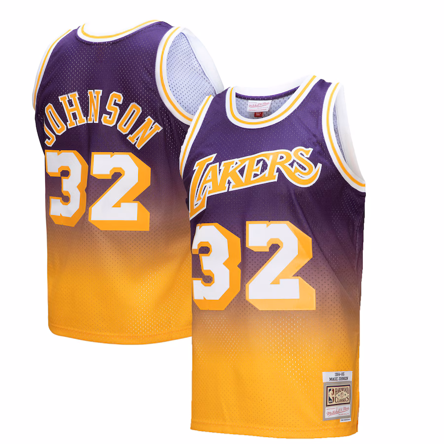 Magic Johnson, Los Angeles Lakers, 1984/85 Hardwood Classics Fadeaway Jersey, Gold/Lila