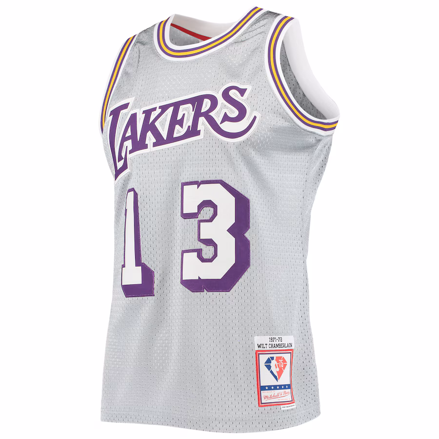 Wilt Chamberlain, Los Angeles Lakers, 75 Aniversario 1971/72 Jersey Clásico Vintage, Plata